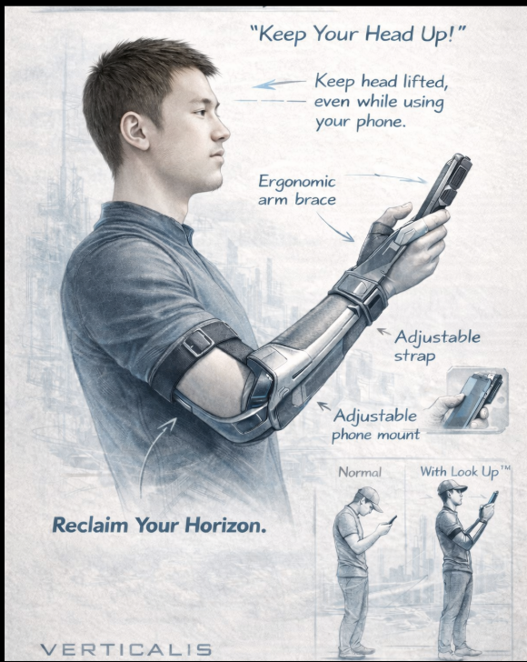 verticalis product ad — keep your head up, ergonomic arm brace