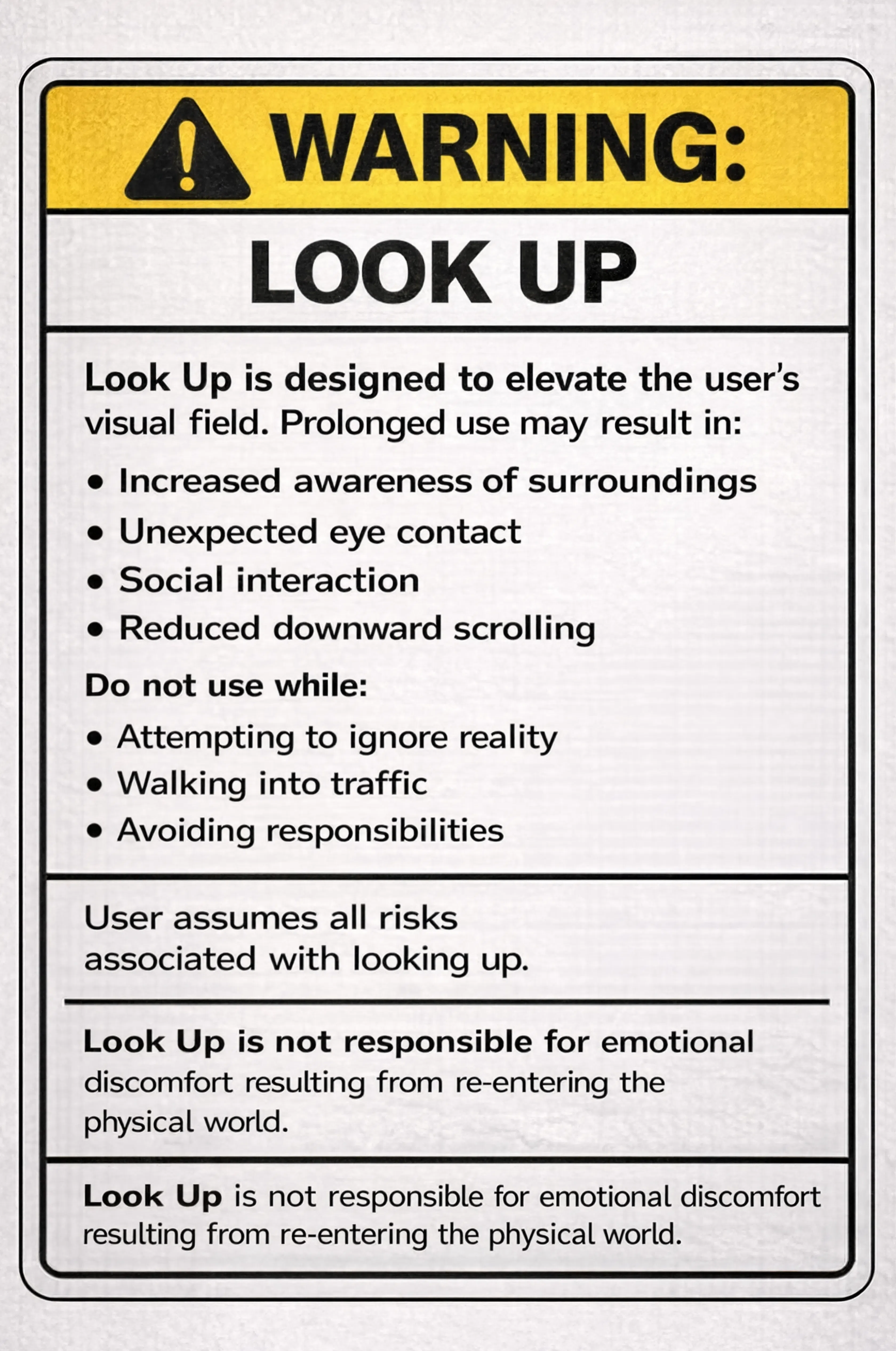 satirical warning label for look up