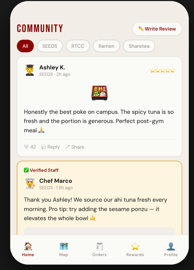 community feed with student reviews and verified chef replies