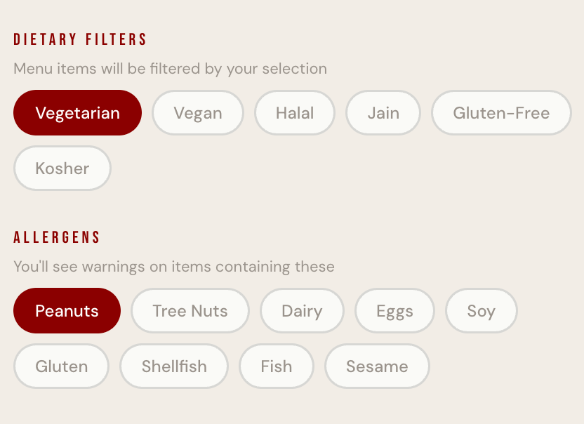 dietary filters and allergen warnings